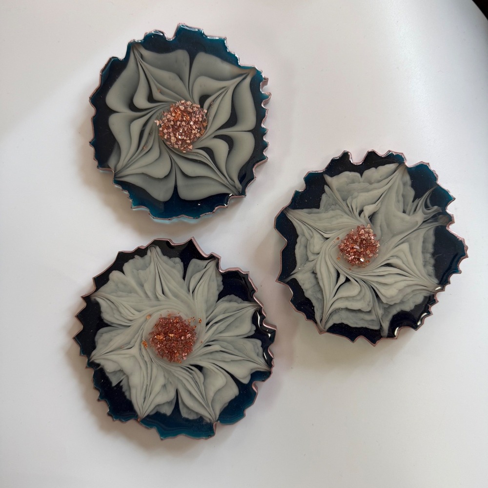 Handmade Resin Coaster Set of 3 Teal White 3D Floral Bloom Rose Gold Rim Geode